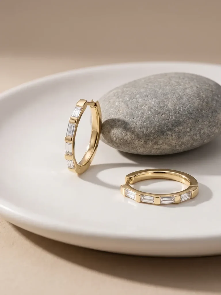Baguette diamond yellow-gold hoop earrings on a ceramic dish with a stone