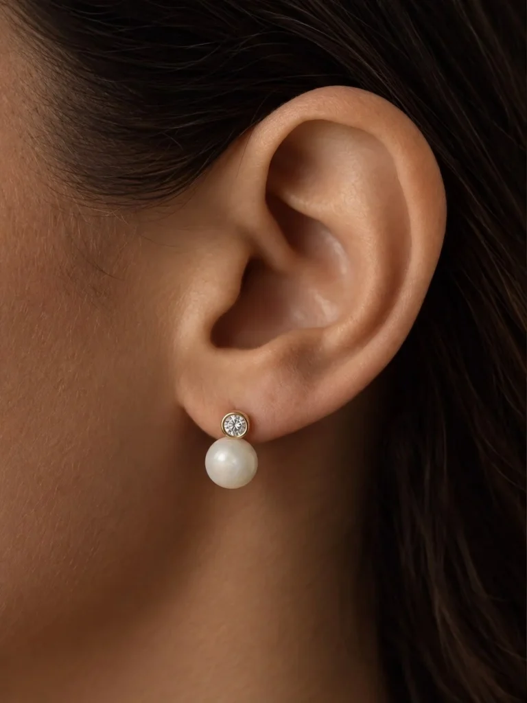 Breast milk keepsake drop earrings with a diamond stud above a round milk stone, worn on the ear
