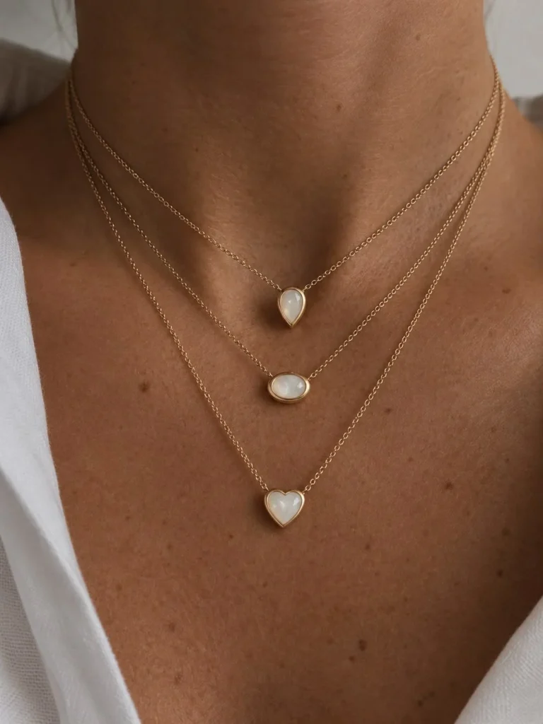 Three breast milk keepsake pendants in pear, oval and heart shapes layered on gold chains