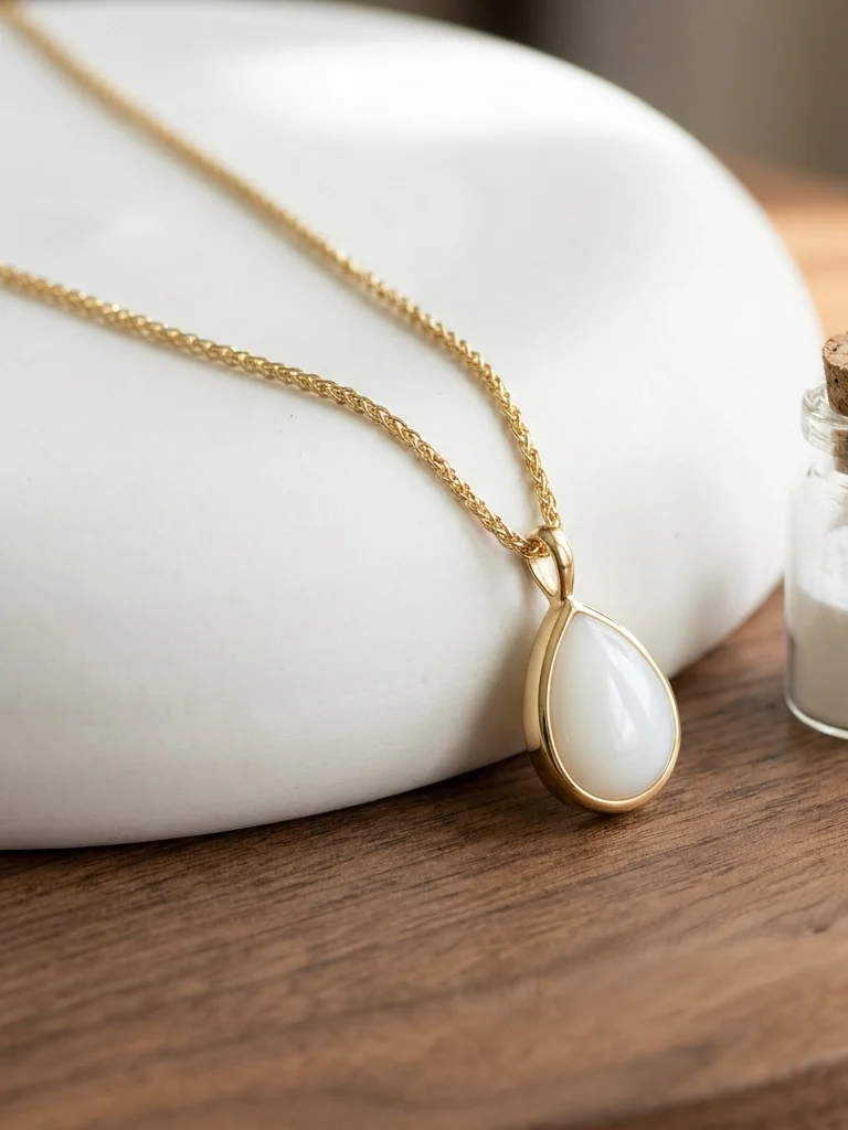 Breast milk keepsake pendant with a pear-shaped milk stone in a gold bezel on a woven gold chain