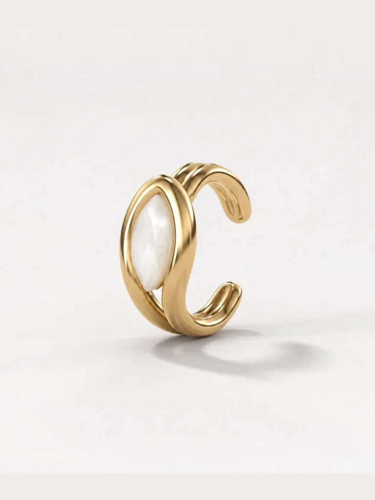 Breast milk keepsake open cuff ring in gold with a faceted marquise milk stone
