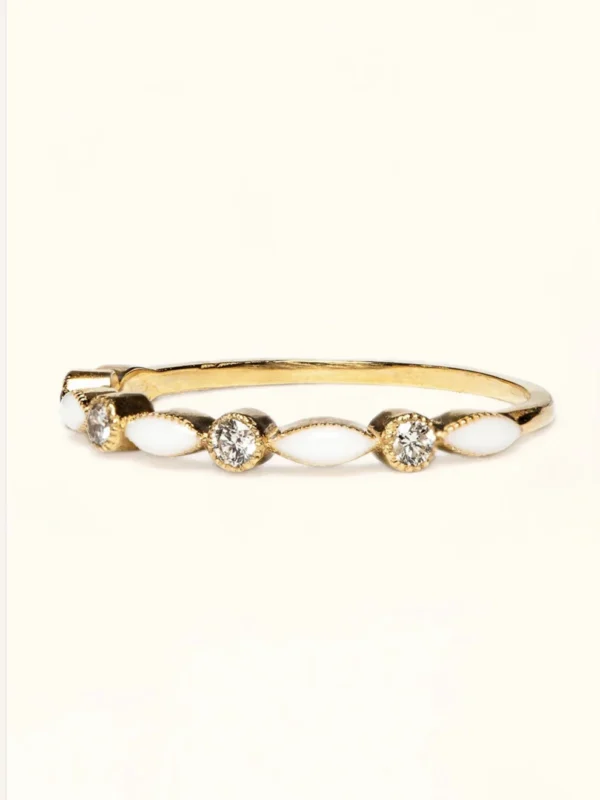 Breast milk keepsake band with marquise milk stones alternating with diamonds in milgrain bezels
