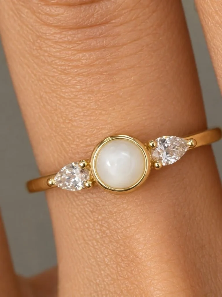 Breast milk keepsake three-stone ring with a round milk stone between two pear-cut diamonds, worn on the hand
