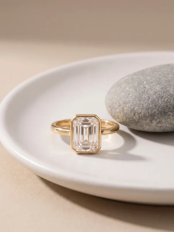 Emerald-cut diamond set upright in a yellow gold bezel ring, on a ceramic dish