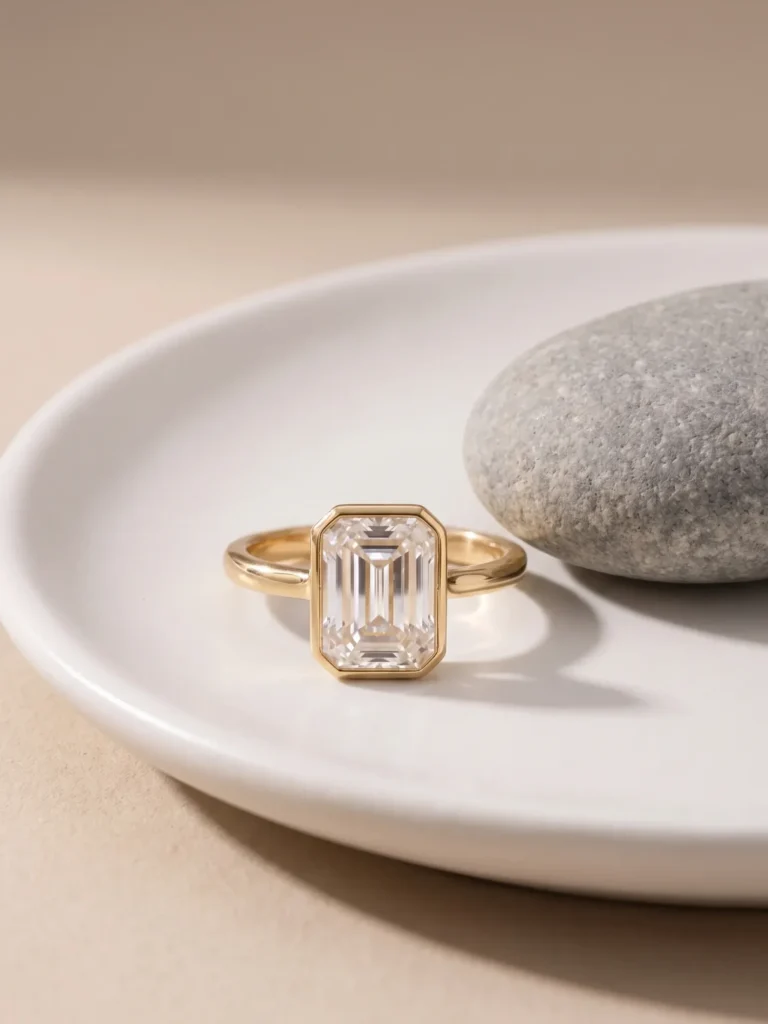 Emerald-cut diamond set upright in a yellow gold bezel ring, on a ceramic dish