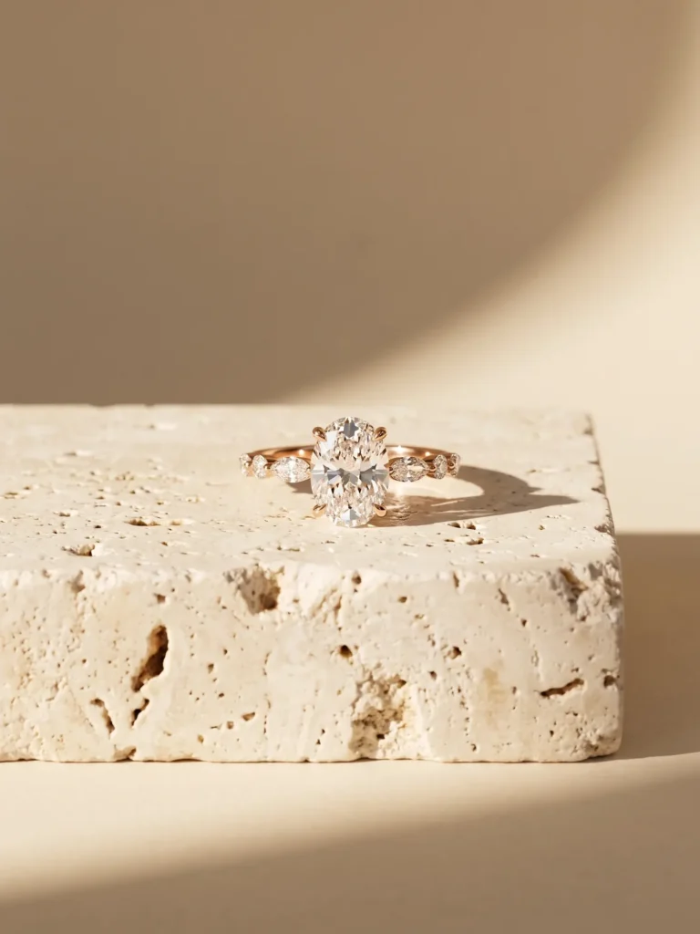 Oval diamond solitaire ring with marquise and round accent stones on the band